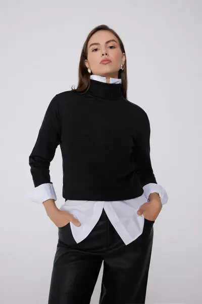 Maglia Pesante Collo Alto 100% Lana Merino Donna Nero miniatura 3