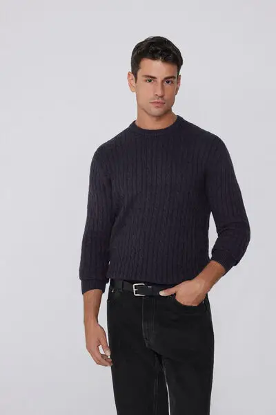 Maglia Pesante Girocollo Treccia Uomo Blu miniatura 3