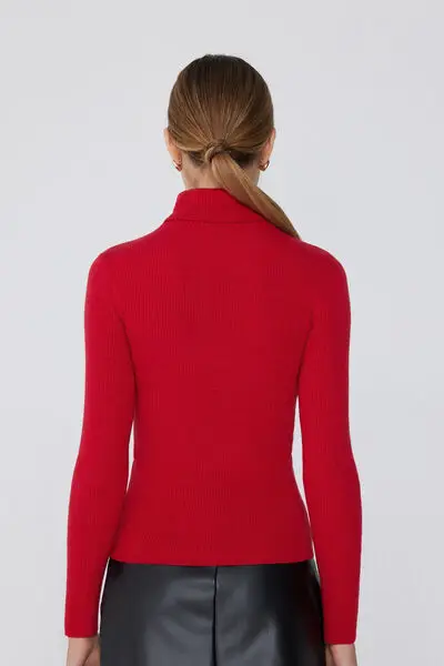 Maglia Pesante Manica Lunga Collo Alto Costine con Lana Donna Rosso miniatura 2