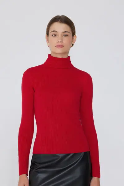 Maglia Pesante Manica Lunga Collo Alto Costine con Lana Donna Rosso