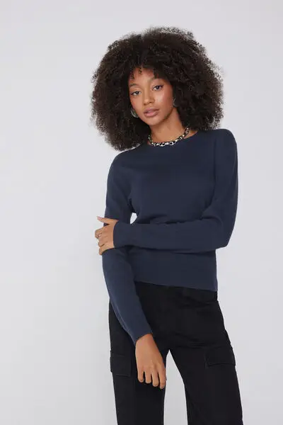 Maglia Pesante Manica Lunga Girocollo con Lana Donna Blu miniatura 3