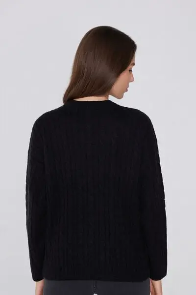 Maglioncino Maniche Lunghe Girocollo Trecce Donna Nero miniatura 2