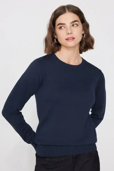 Maglione in Cotone e Modal Girocollo in Maglia Calata Donna Blu