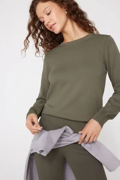 Maglione in Cotone e Modal Girocollo in Maglia Calata Donna Verde miniatura 3