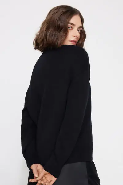 Maglione in Cotone Girocollo in Maglia Calata Donna Nero miniatura 2