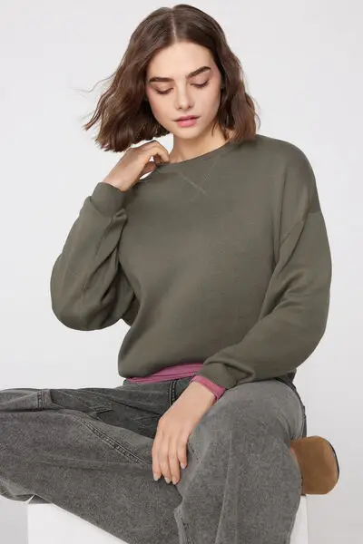 Maglione in Cotone Girocollo in Maglia Calata Donna Verde miniatura 3