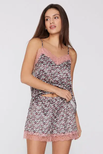 Pantaloncino Corto in Raso Stampato e Pizzo Donna Stampa miniatura 3