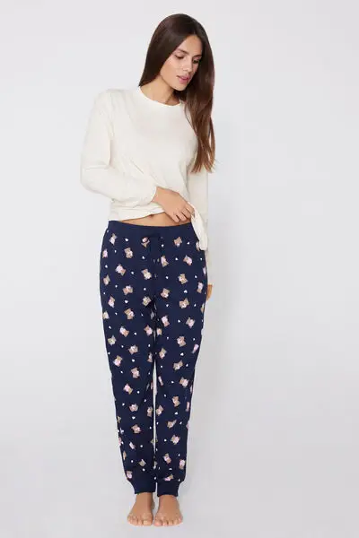 Pantalone Lungo Cotone Stampato con Coulisse Donna Blu miniatura 3