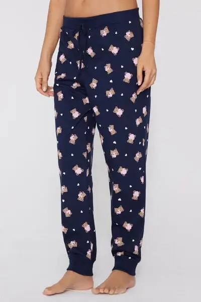 Pantalone Lungo Cotone Stampato con Coulisse Donna Blu