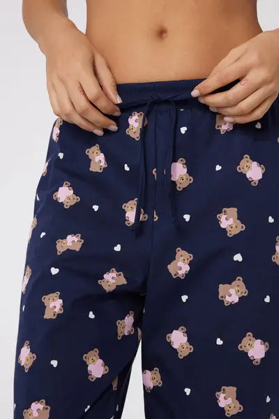 Pantalone Lungo Cotone Stampato con Coulisse Donna Blu miniatura 3