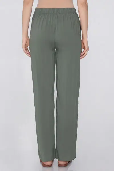 Pantalone Lungo Dritto Tela Viscosa Donna Verde miniatura 2