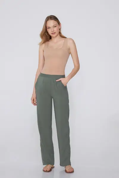Pantalone Lungo Dritto Tela Viscosa Donna Verde miniatura 3