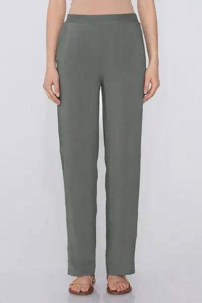 Pantalone Lungo Dritto Tela Viscosa Donna Verde
