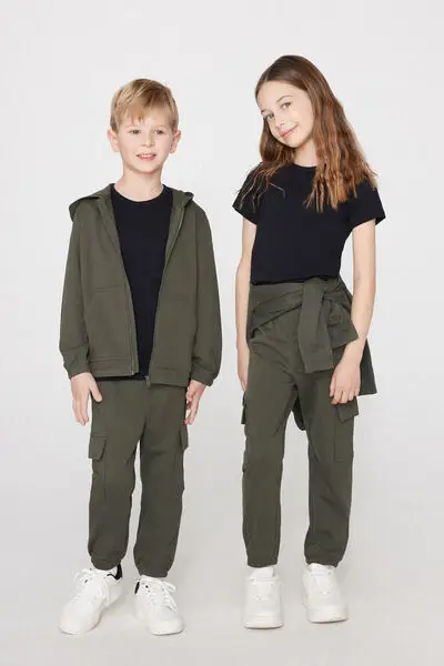 Pantalone Lungo Felpa Cargo Bimbi Unisex Unisex Verde miniatura 3