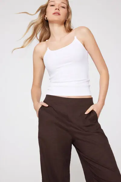 Pantaloni Lunghi a Palazzo Tela di Cotone Donna Marrone miniatura 3