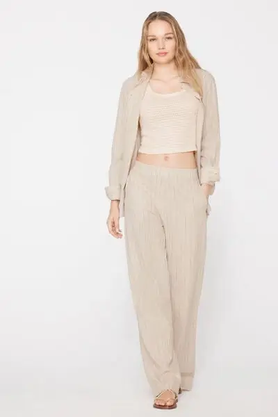 Pantaloni Lunghi a Palazzo Tela di Cotone Donna Naturale