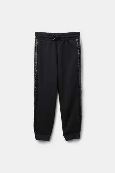 Pantaloni Lunghi Felpa Pesante Bimba Bande Paillettes Bambina Nero