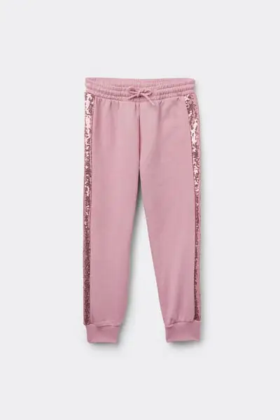 Pantaloni Lunghi Felpa Pesante Bimba Bande Paillettes Bambina