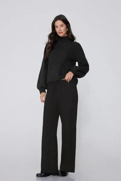 Pantaloni Lunghi Pesanti a Palazzo con Lana Donna Nero miniatura 3