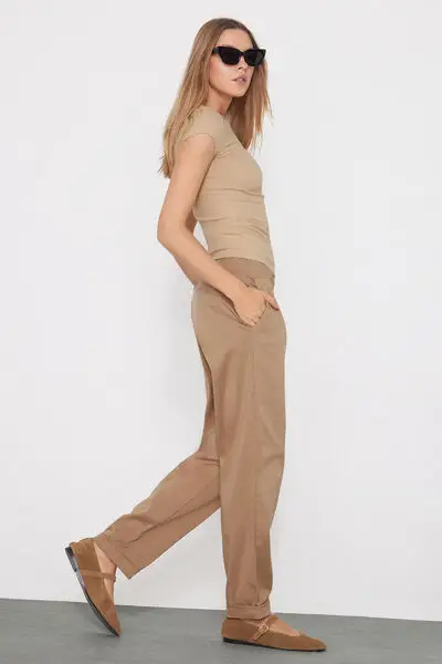 Pantaloni Lunghi Sigaretta Gabardine Donna Marrone