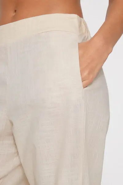 Pantaloni Lunghi Sigaretta Tela di Cotone Donna Naturale miniatura 3