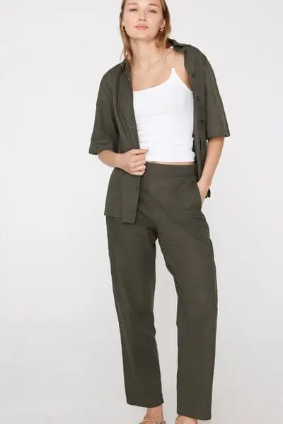 Pantaloni Lunghi Sigaretta Tela di Cotone Donna Verde