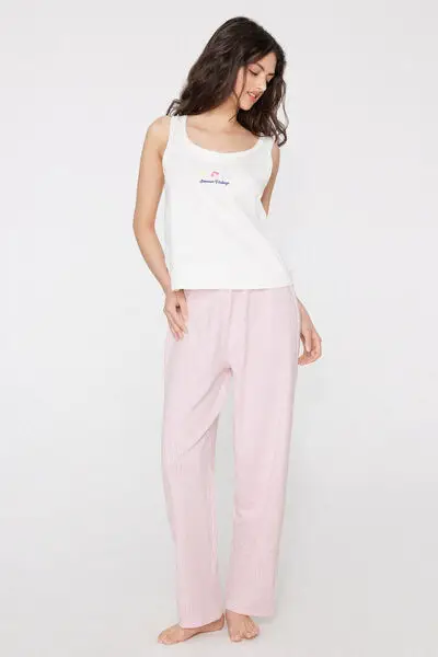 Pantoloni Lunghi in Cotone a Righe Crinkle Donna Rosa