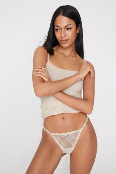 Perizoma con Fianchetto Tanga in Pizzo con Charm Donna Bianco miniatura 2