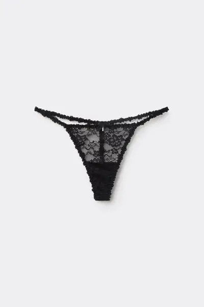 Perizoma con Fianchetto Tanga in Pizzo con Charm Donna Nero
