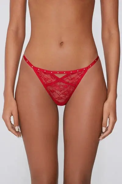 Perizoma con Fianchetto Tanga Pizzo e Borchie Donna Rosso miniatura 2