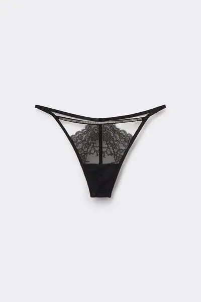 Perizoma con Fianchetto Tanga Pizzo e Strass Donna Nero