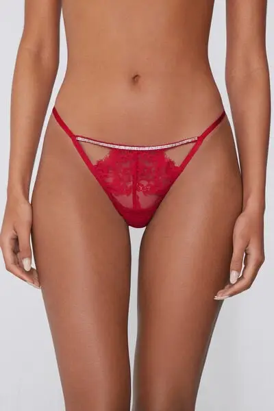 Perizoma con Fianchetto Tanga Pizzo e Strass Donna Rosso miniatura 2