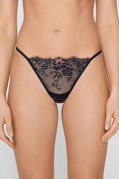 Perizoma con Fianchetto Tanga Pizzo e Tulle Donna Nero miniatura 2