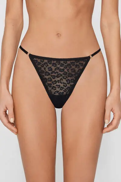 Perizoma con Fianchetto Tanga Pizzo Maculato Donna Nero miniatura 2