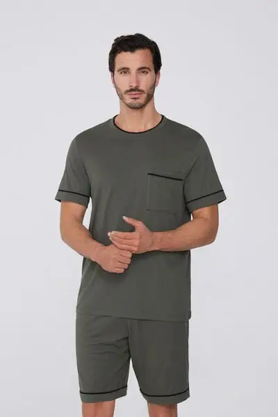 Pigiama Corto Basic Piping in Cotone con Taschino Uomo Verde