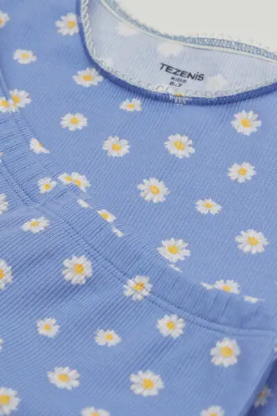 Pigiama Corto Bimba Cotone Costine Margherite Bambina Blu miniatura 3