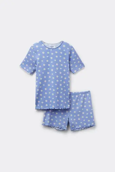 Pigiama Corto Bimba Cotone Costine Margherite Bambina Blu