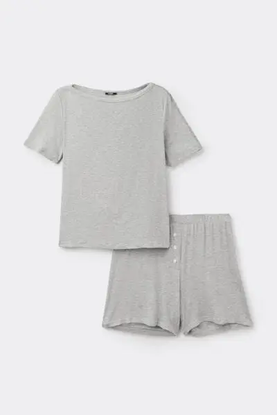 Pigiama Corto Costine Viscosa Collo Barca Donna Grigio