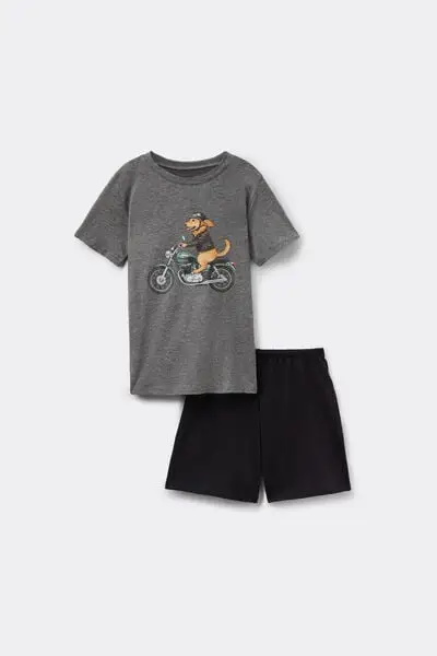 Pigiama Corto Cotone Bimbo Stampa Moto Cane Bambino Nero