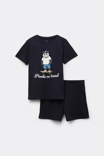 Pigiama Corto Cotone Bimbo Stampa Panda Bambino Nero