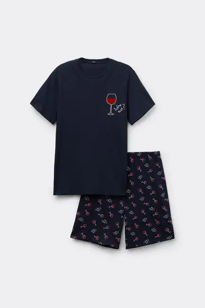 Pigiama Corto Cotone con Stampa "Why not?" Uomo Blu