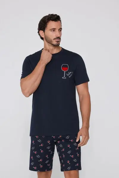 Pigiama Corto Cotone con Stampa "Why not?" Uomo Blu