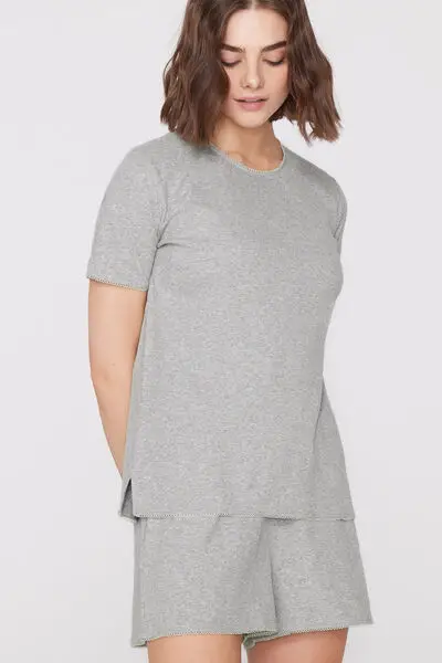 Pigiama Corto Cotone Costina Cappette Donna Grigio miniatura 2