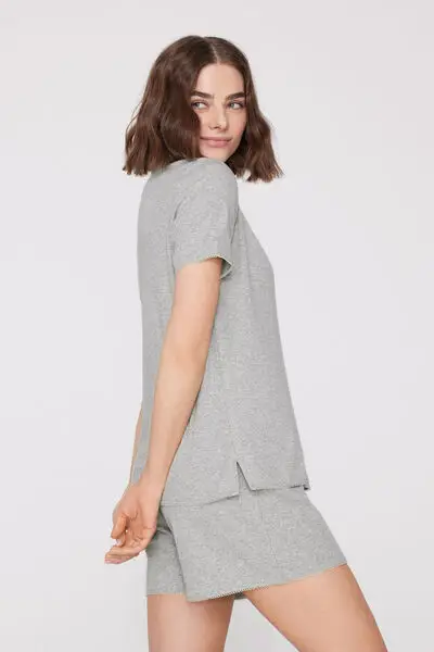 Pigiama Corto Cotone Costina Cappette Donna Grigio miniatura 3
