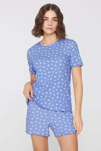 Pigiama Corto Cotone Costine Margherite Donna Blu miniatura 2
