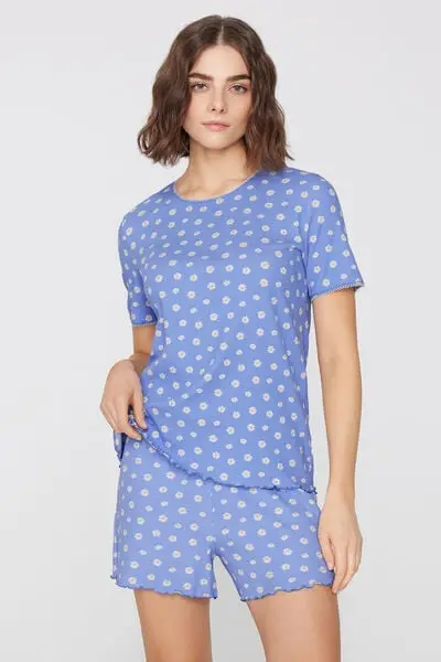 Pigiama Corto Cotone Costine Margherite Donna Blu miniatura 2
