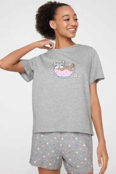 Pigiama Corto Cotone Stampa Beauty Donna Grigio miniatura 3