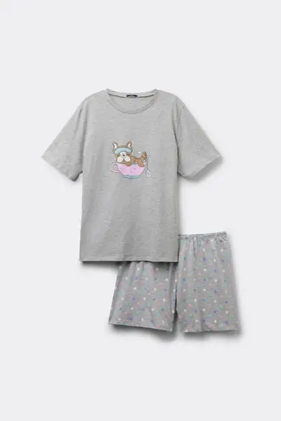 Pigiama Corto Cotone Stampa Beauty Donna Grigio