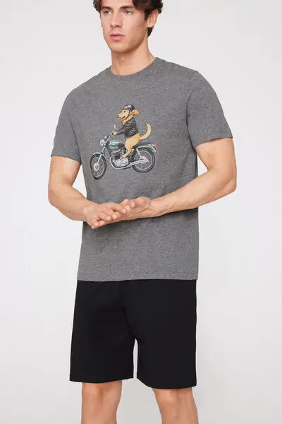 Pigiama Corto Cotone Stampa Moto Cane Uomo Nero miniatura 3