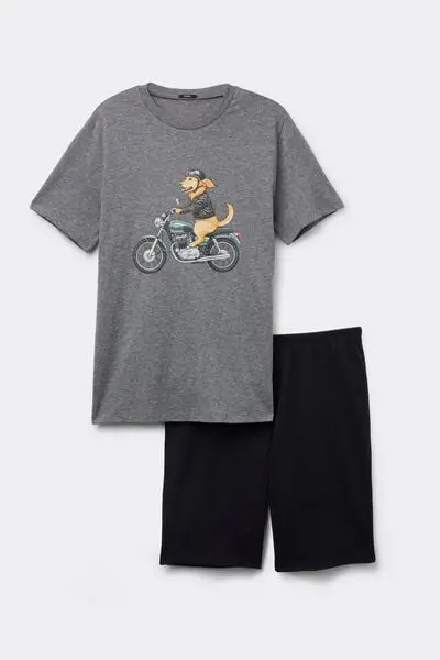 Pigiama Corto Cotone Stampa Moto Cane Uomo Nero